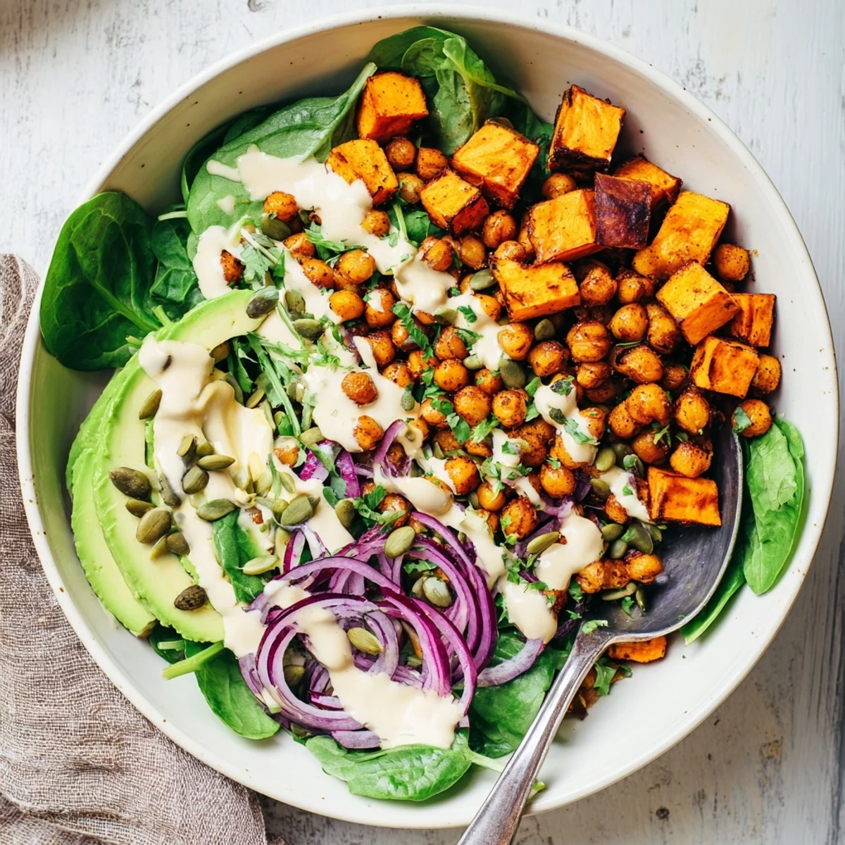Vibrant meal prep roasted sweet potato and chickpea bowls featuring caramelized vegetables and nutty dressing