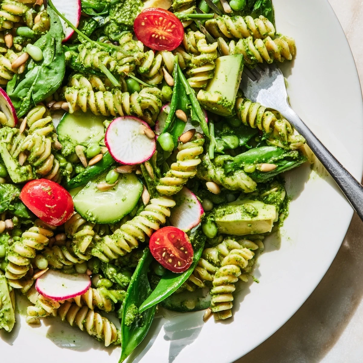 Colorful Green Goddess pasta salad tossed with crisp vegetables and creamy herb dressing in a white bowl