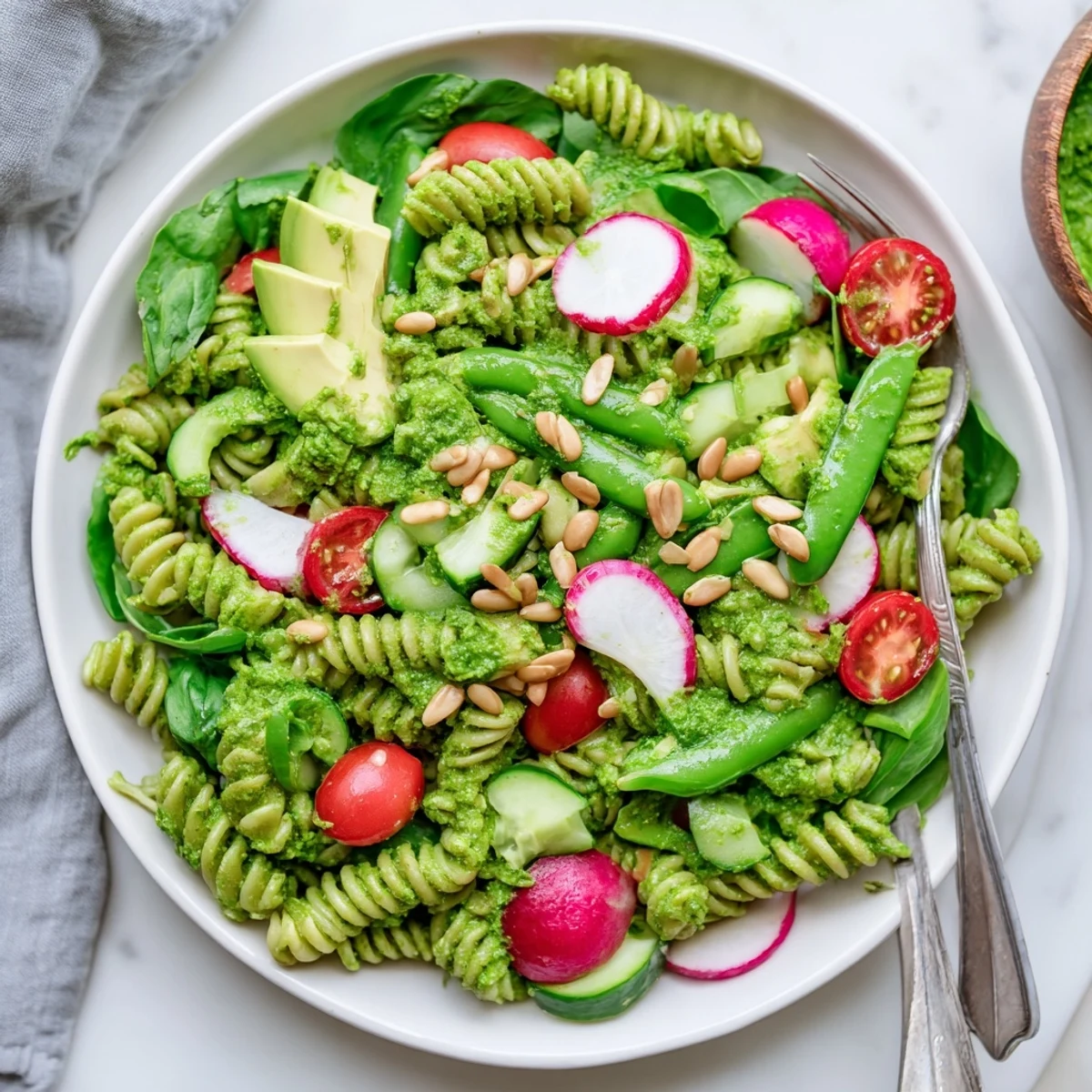 Fresh Green Goddess pasta salad featuring cherry tomatoes, cucumber, and snap peas coated in vibrant green dressing