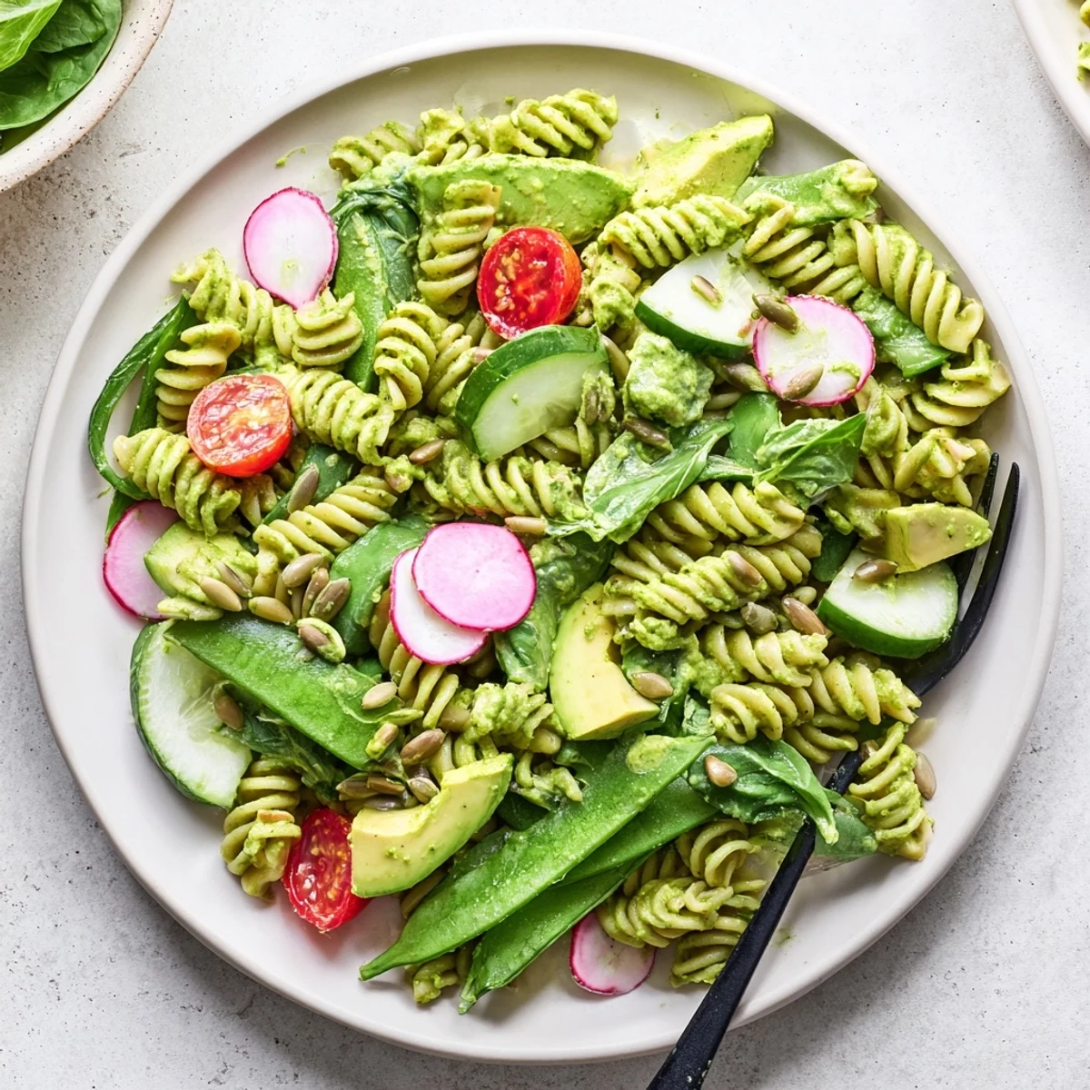Creamy Green Goddess pasta salad with colorful vegetables and fresh herbs perfect for summer picnics and potlucks