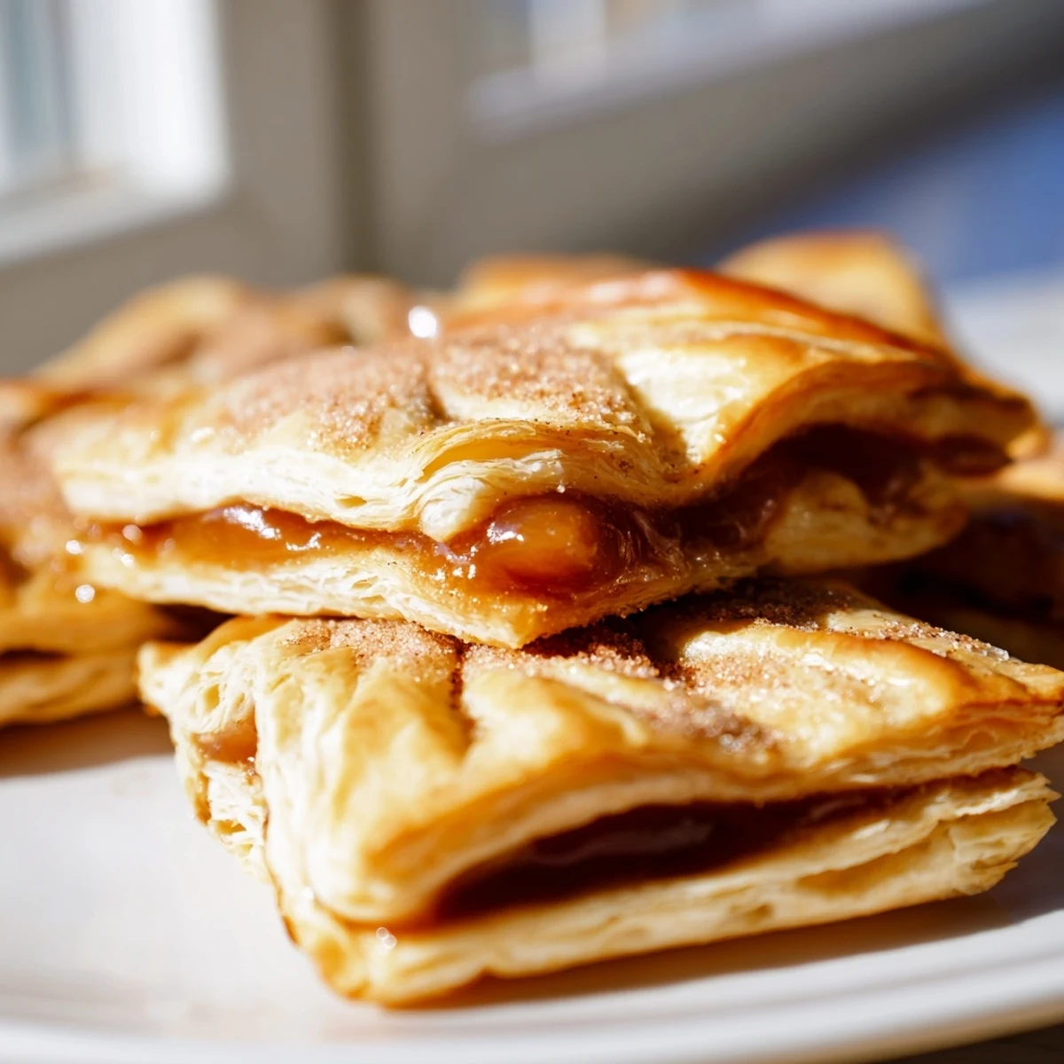 Golden brown dulce de leche pastries sprinkled with cinnamon sugar on a white serving plate