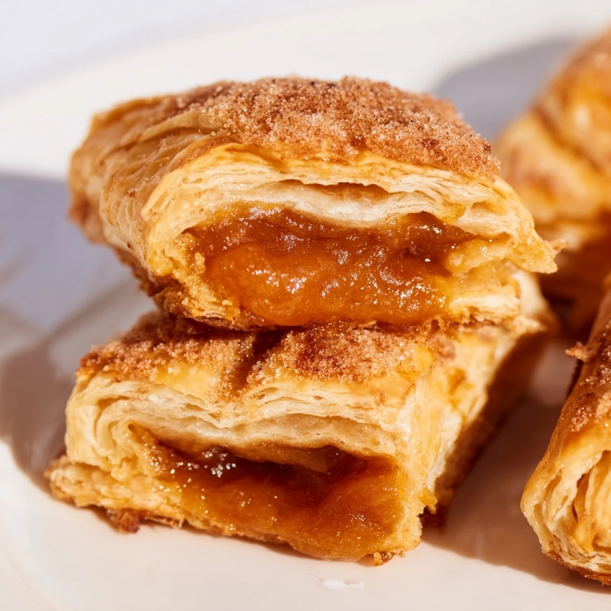 Warm Latin American dulce de leche pastries with golden layers and sweet caramel center visible