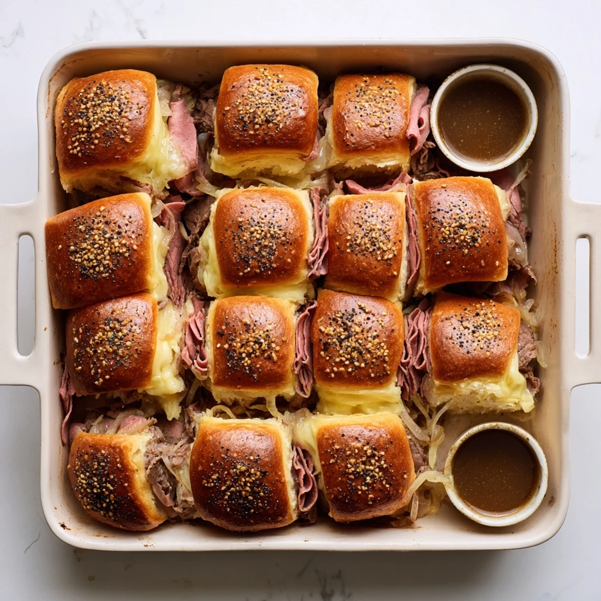 Golden French dip sliders stacked with roast beef, caramelized onions, and melted provolone cheese on Hawaiian rolls