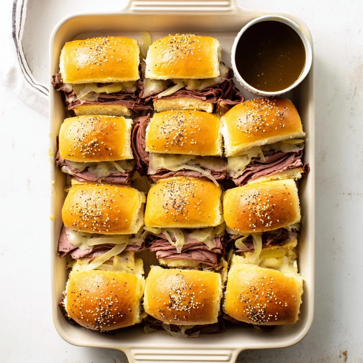 Melty French dip sliders arranged on a platter with small ramekins of rich beef au jus for dipping