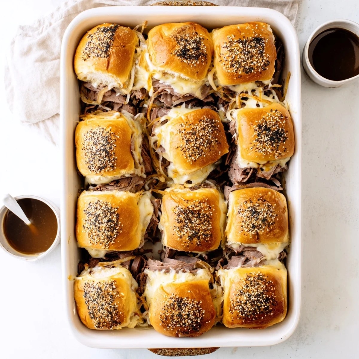 Baked French dip sliders brushed with buttery poppy seed topping, tender roast beef peeking through golden cheese layers