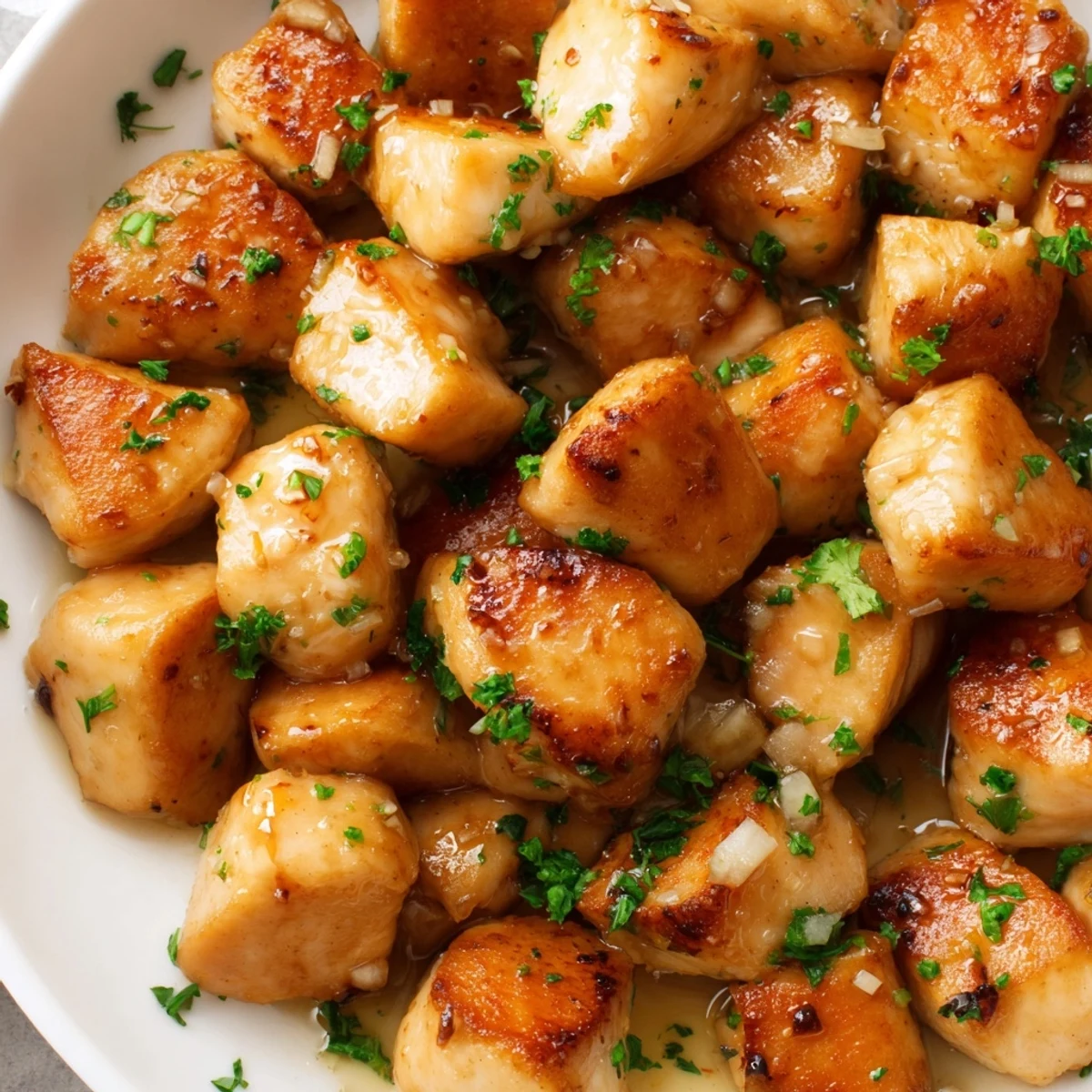 Tender seared chicken pieces tossed in melted butter and minced garlic for a savory dinner