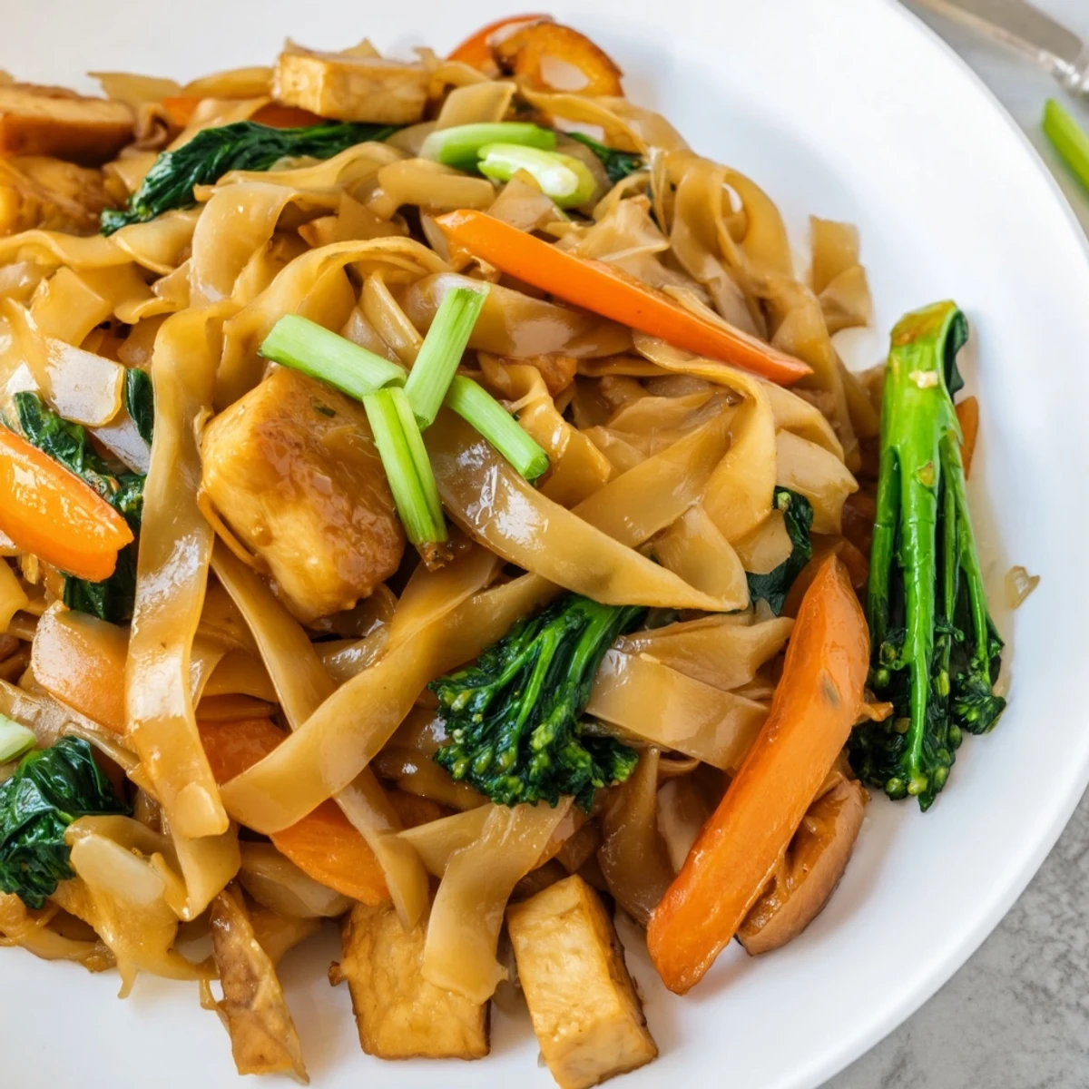 Golden wide rice noodles stir-fried with crisp tofu and Chinese broccoli in savory vegan Pad See Ew