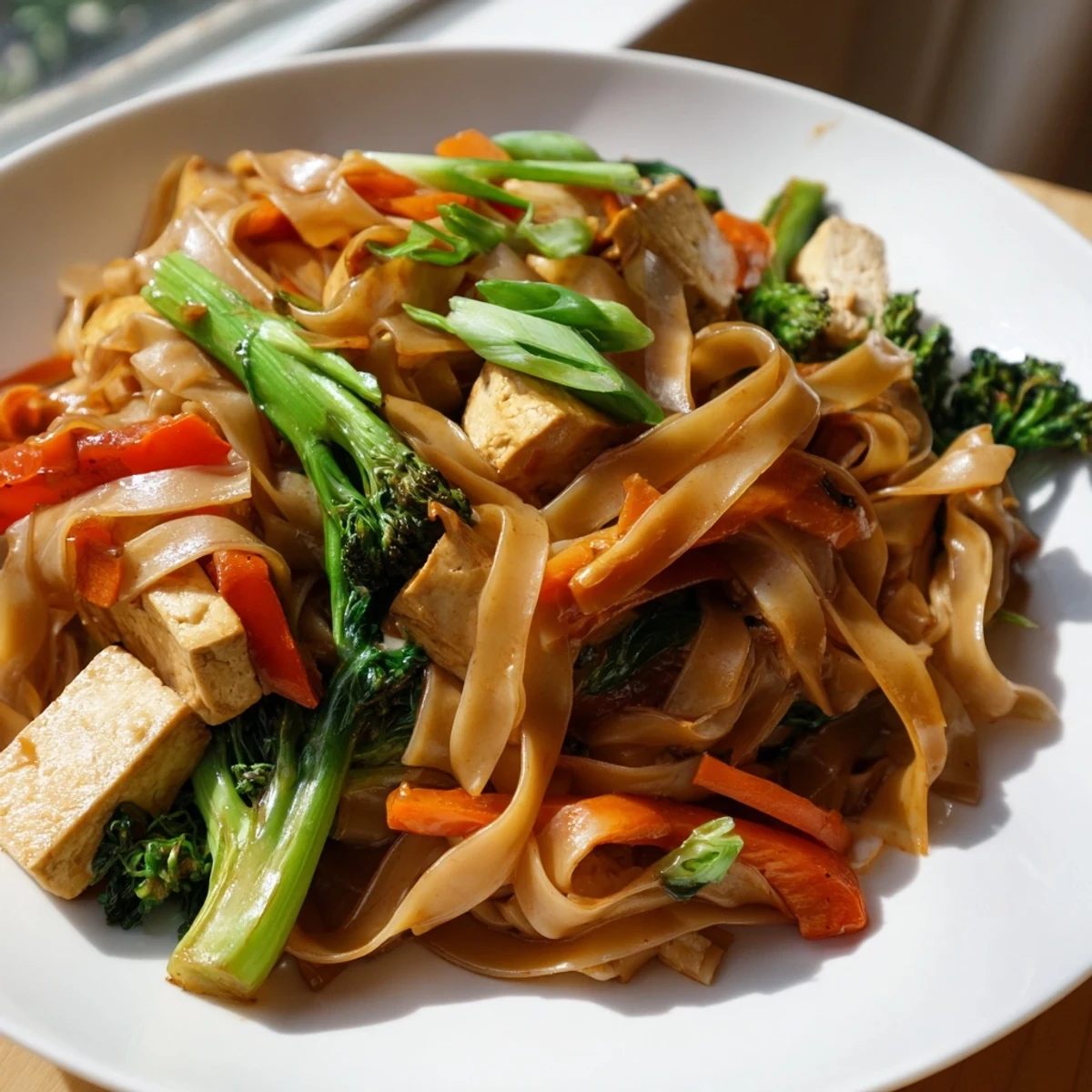 Steamy wok-tossed vegan Pad See Ew featuring chewy noodles, colorful vegetables, and tangy soy-garlic glaze