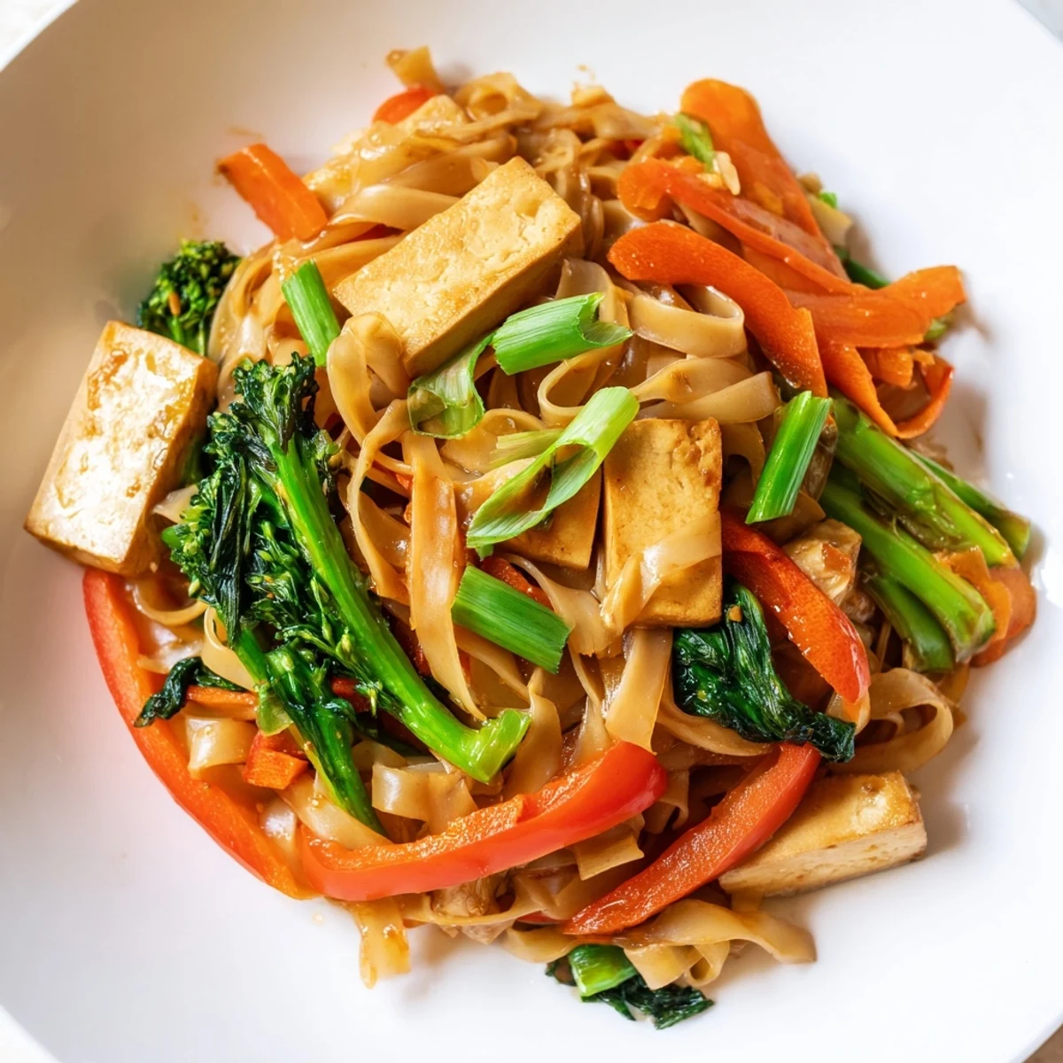 Close-up of vegan Pad See Ew with tender rice noodles coated in rich dark soy sauce and fresh garnish