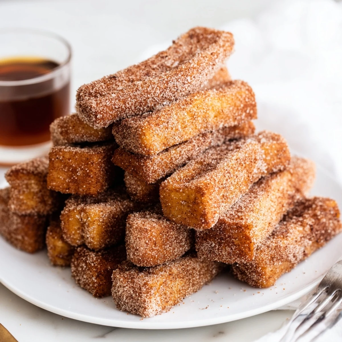 Golden cinnamon French toast sticks coated in sugar, served on a white plate for dipping