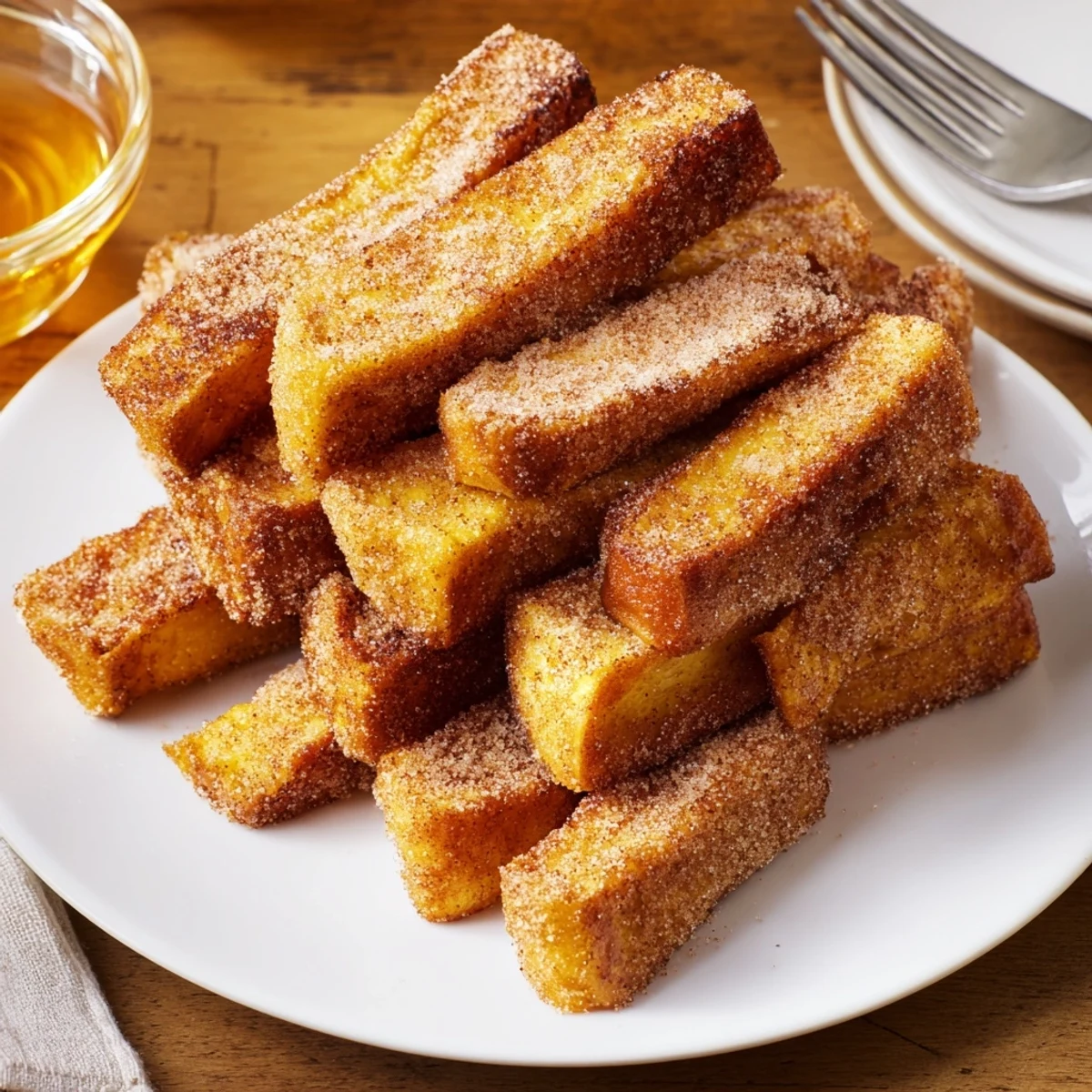 Crispy cinnamon French toast sticks arranged on a plate with warm maple syrup