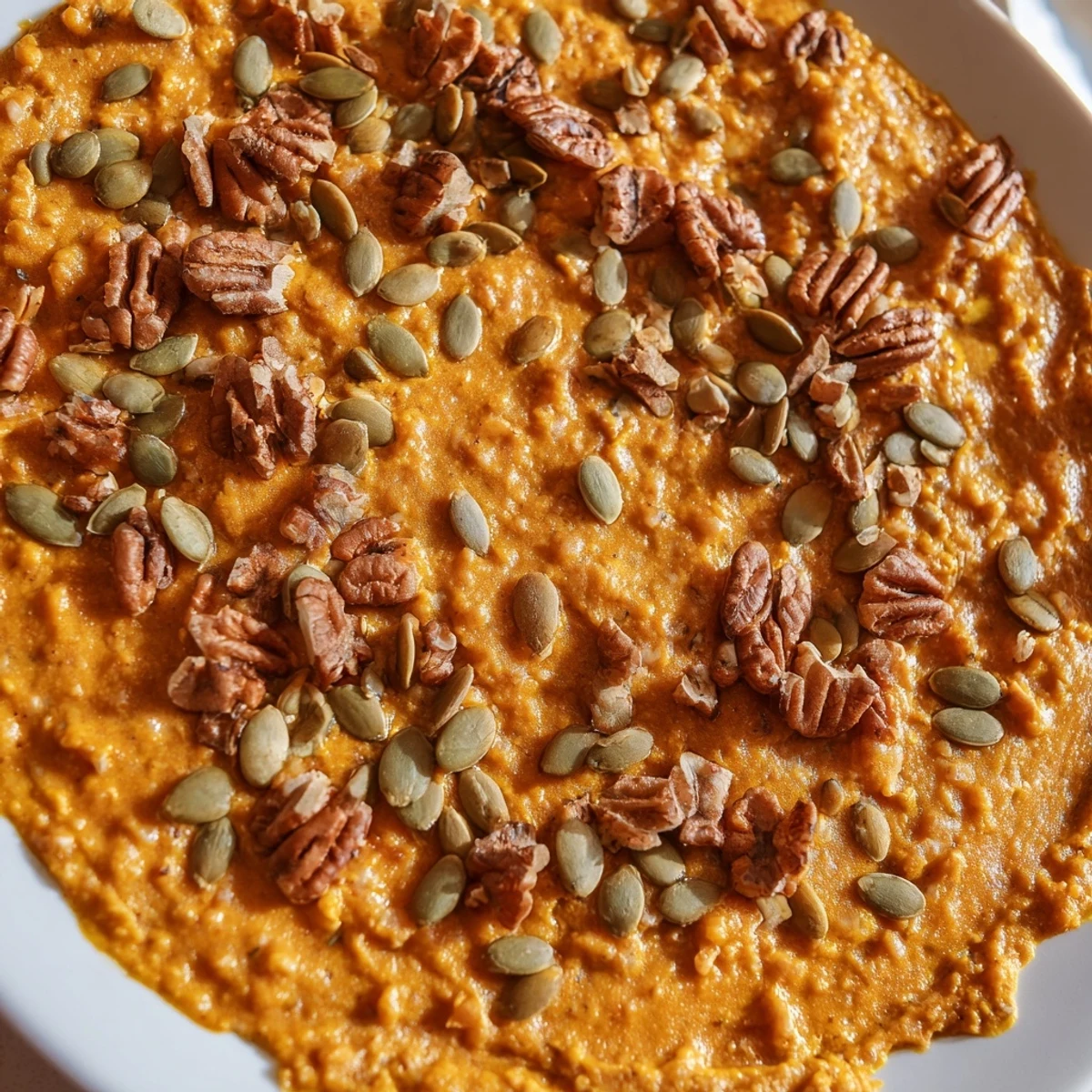 Golden high protein cottage cheese pumpkin bake sprinkled with pecans and pumpkin seeds