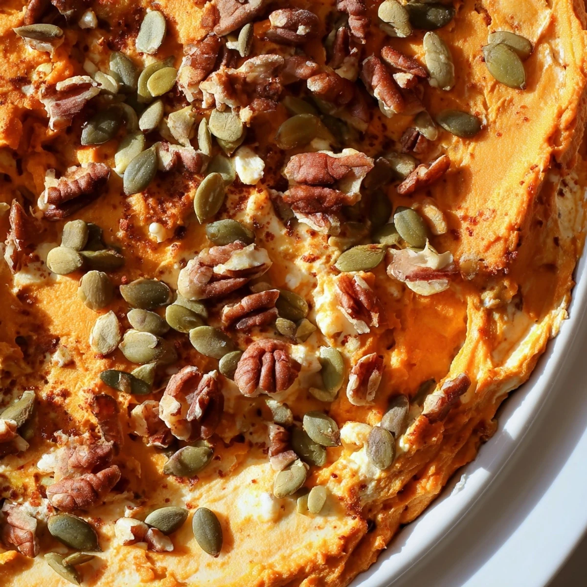 Fluffy gluten-free pumpkin cottage cheese bake with cinnamon and chopped nut topping