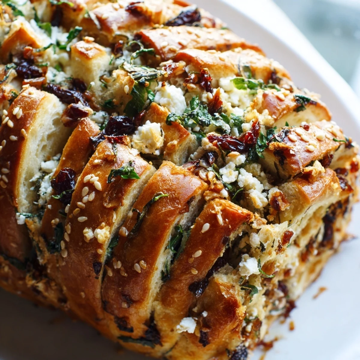 Golden Mediterranean pull-apart bread stuffed with sun-dried tomatoes, olives, and feta cheese