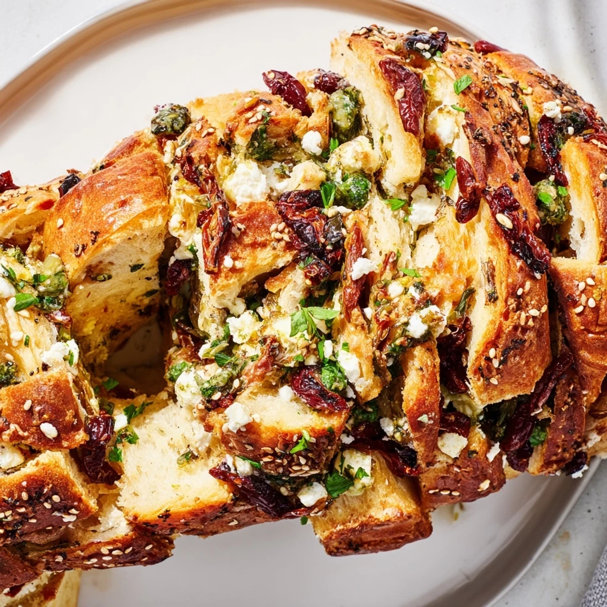 Fluffy Mediterranean pull-apart bread baked to golden perfection with savory tomato and olive filling
