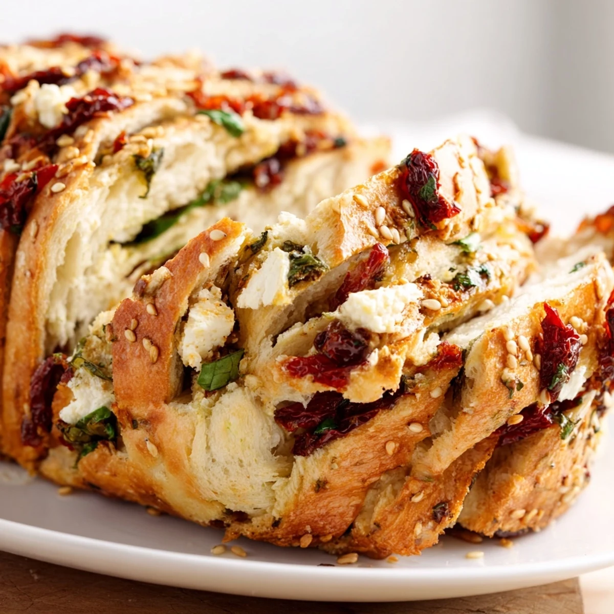 Soft pull-apart loaf revealing layers of Mediterranean flavors including feta and fresh herbs