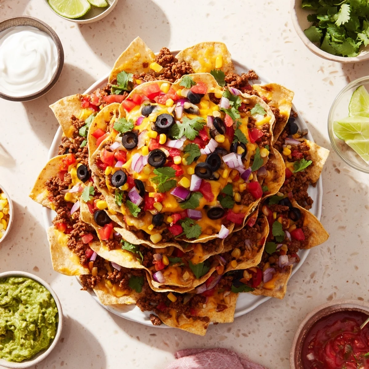 Golden melted cheddar and Monterey Jack cheese drapes over layered bundt pan nachos arranged in a festive ring