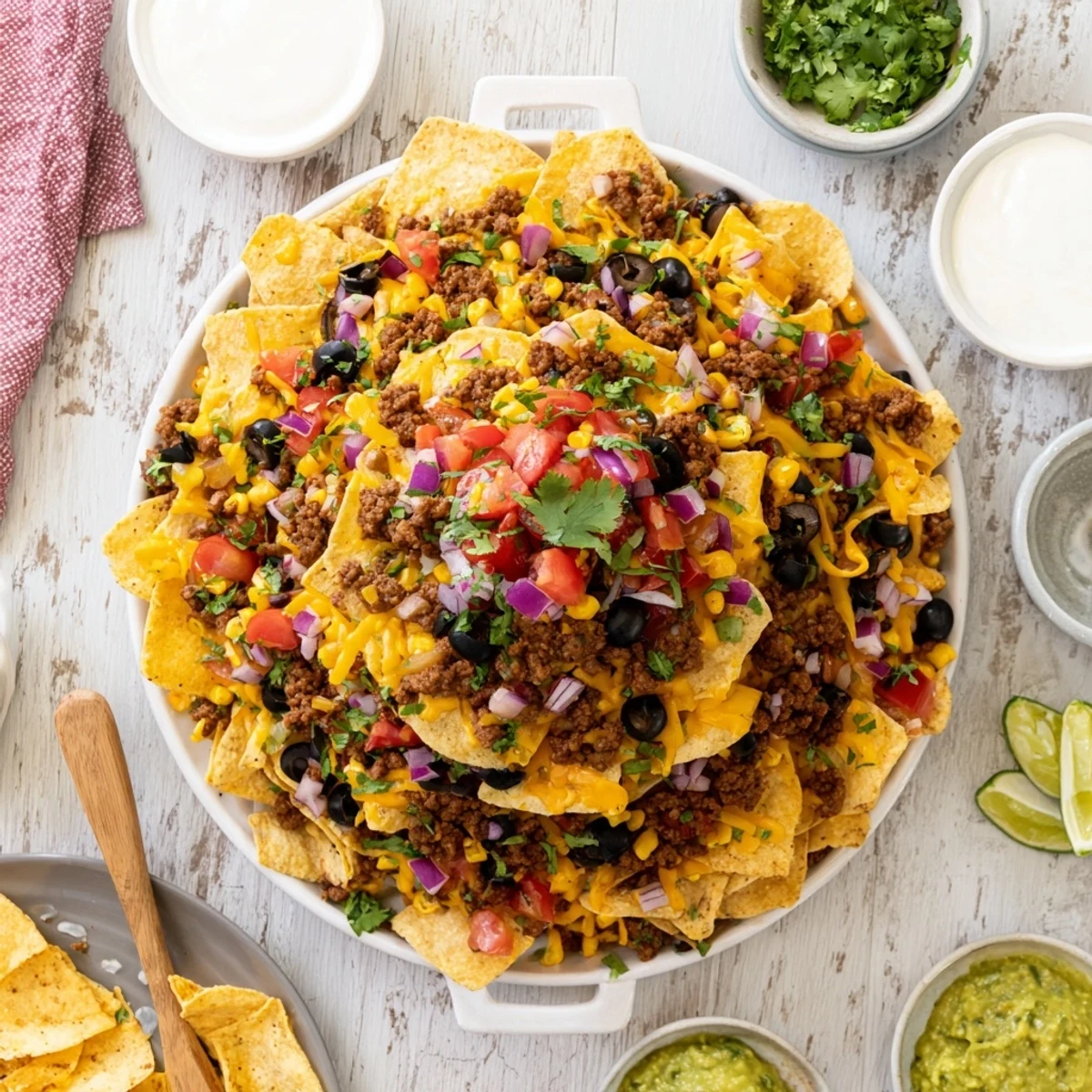Crispy tortilla chips stacked with seasoned ground beef black beans corn and olives baked in a bundt pan