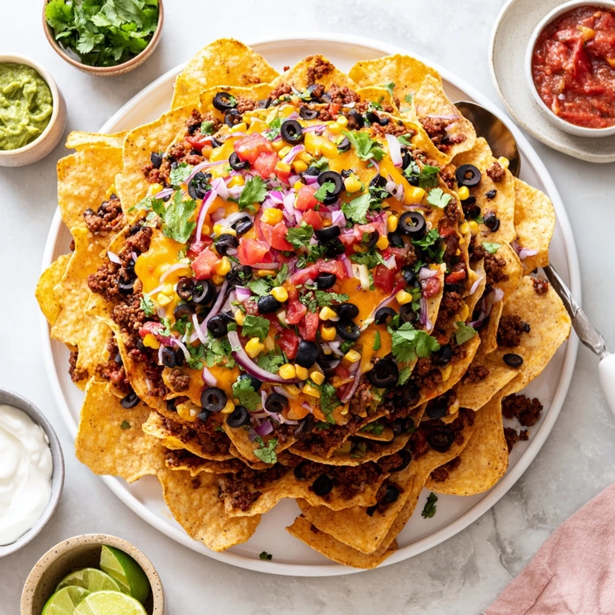 Pull-apart Tex-Mex nacho tower garnished with fresh cilantro sour cream guacamole and zesty salsa for party dipping