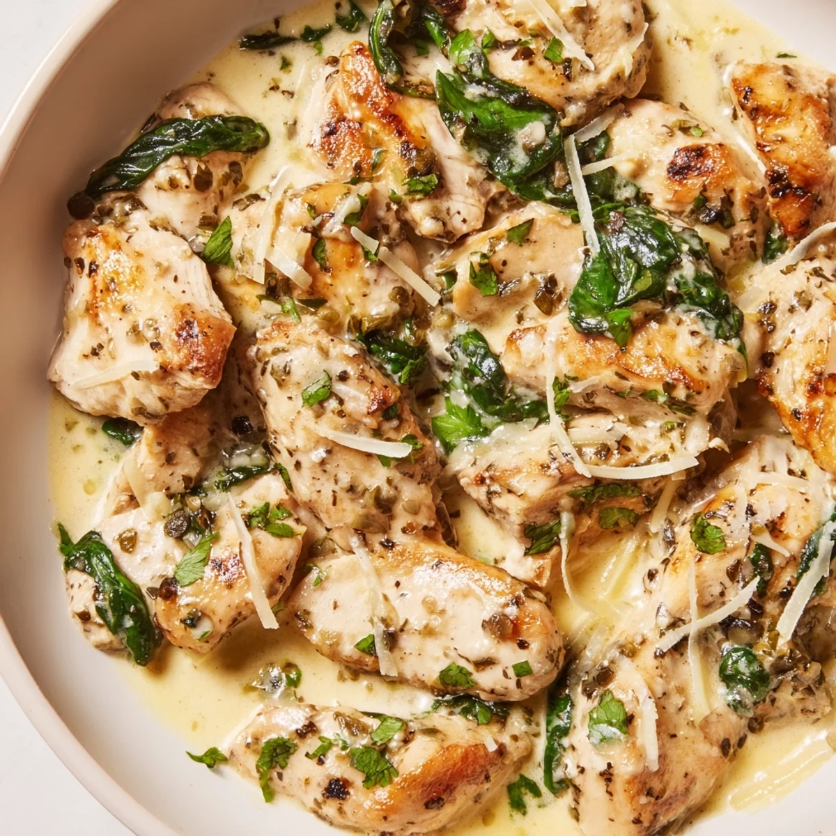 Creamy Parmesan chicken skillet featuring tender meat topped with melted cheese and vibrant green spinach leaves