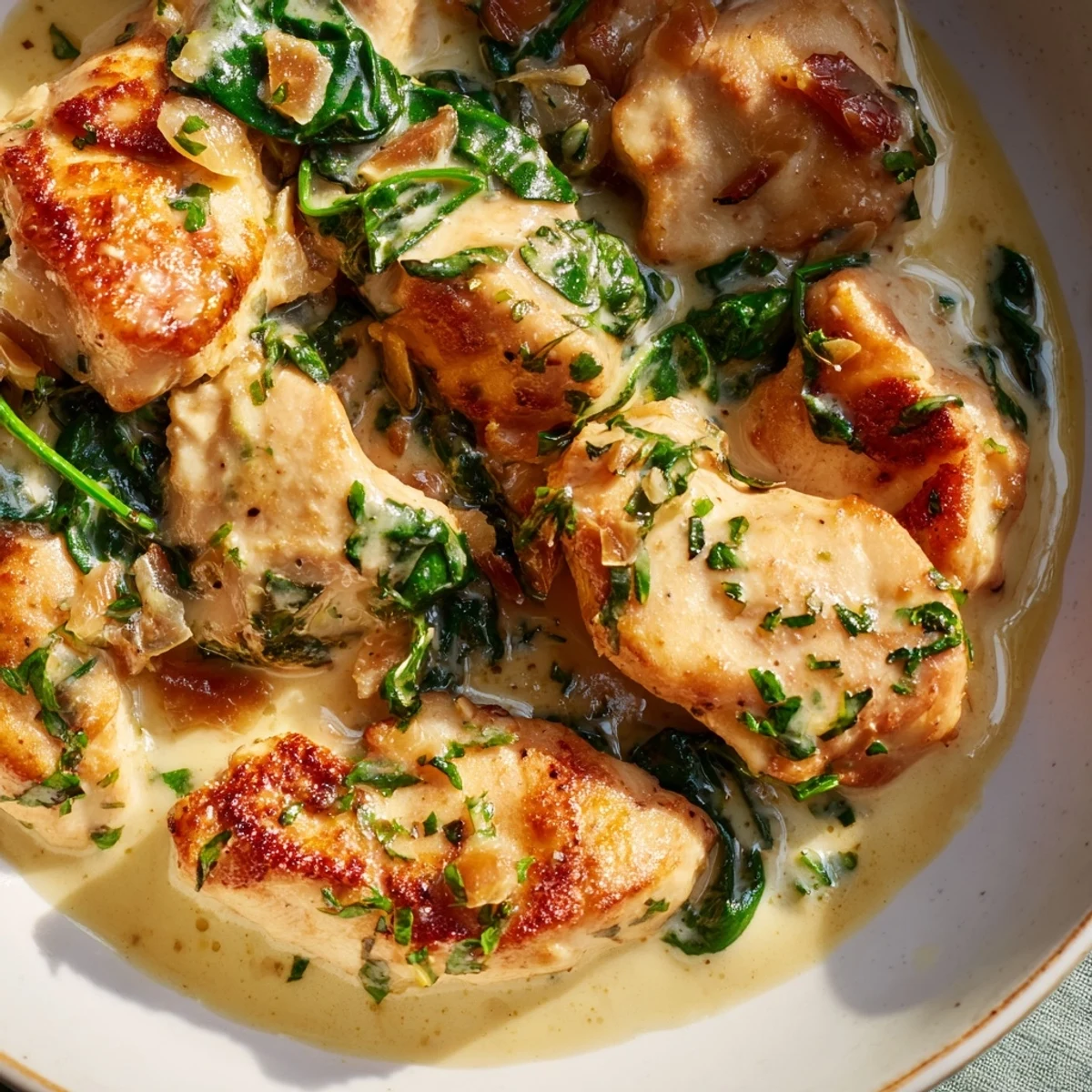 Savory chicken simmered in a thick white cheese sauce with Italian herbs and baby spinach in a cast iron skillet