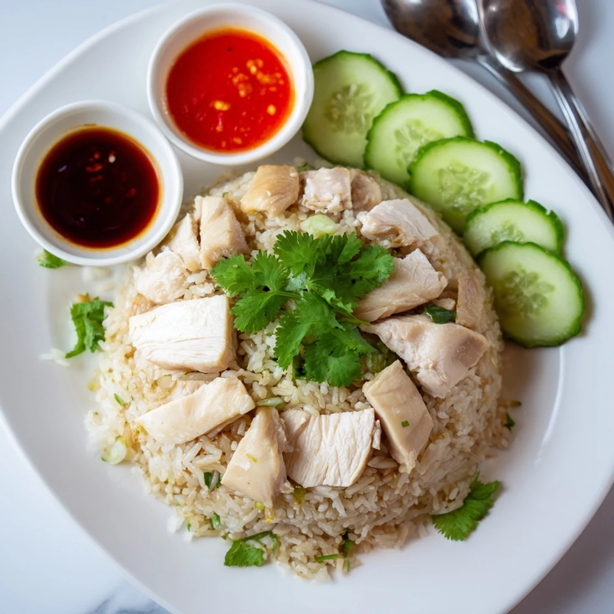 Golden poached chicken pieces arranged over aromatic jasmine rice with fresh cilantro garnish on a white serving platter