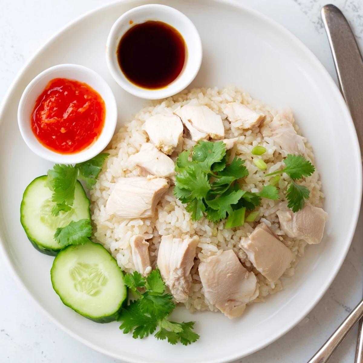 Tender steamed chicken nestled atop fragrant garlic-ginger rice with vibrant green scallions and chili oil drizzle