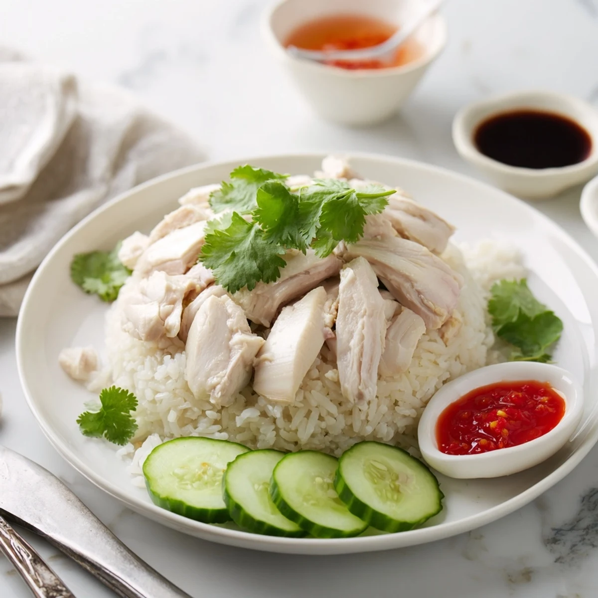 Classic Hainanese chicken rice served with sliced cucumber, spicy chili sauce, and dark soy dipping sauce in small bowls