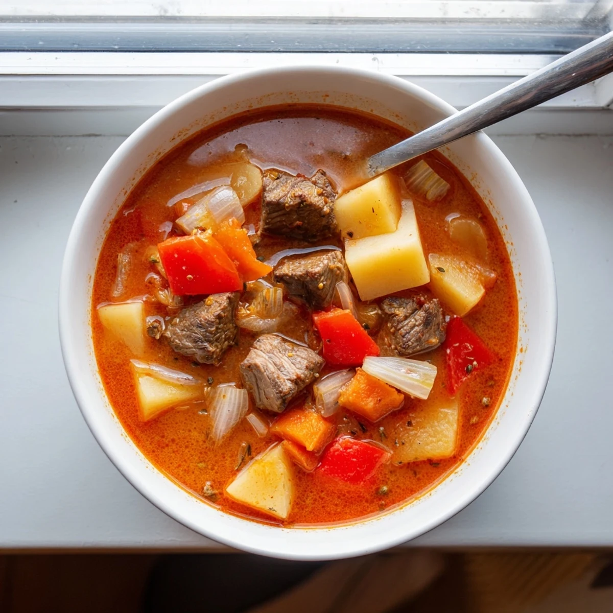 Rustic Hungarian Gulyás featuring tender beef cubes, carrots, and potatoes in a rich paprika-infused broth