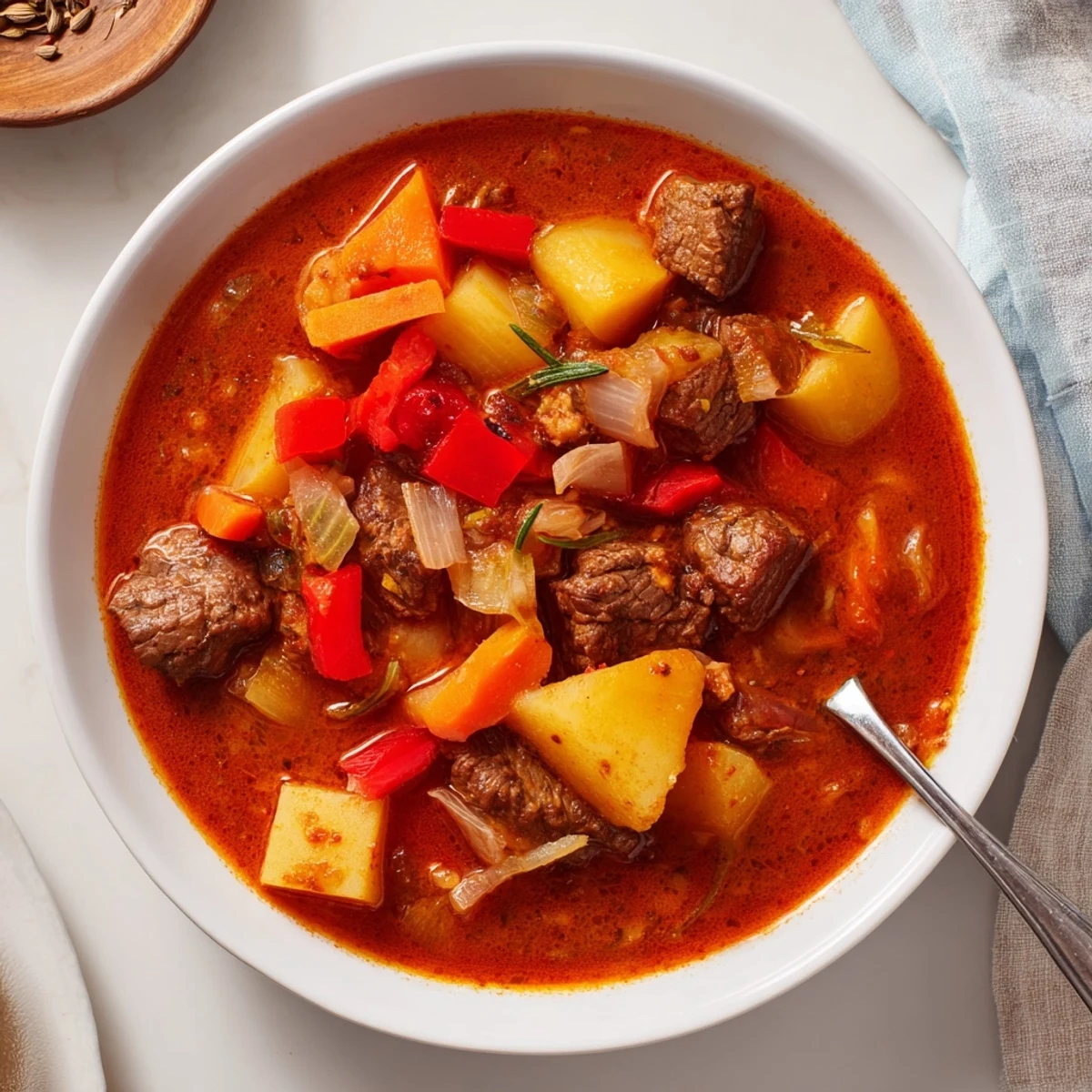Steaming bowl of authentic Hungarian Gulyás stew with hearty vegetables and melt-in-your-mouth beef