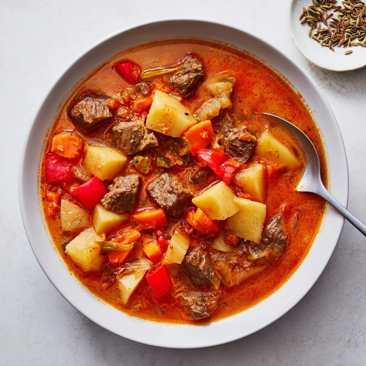 Golden-red Hungarian Gulyás soup brimming with beef, potatoes, and carrots garnished with fresh parsley