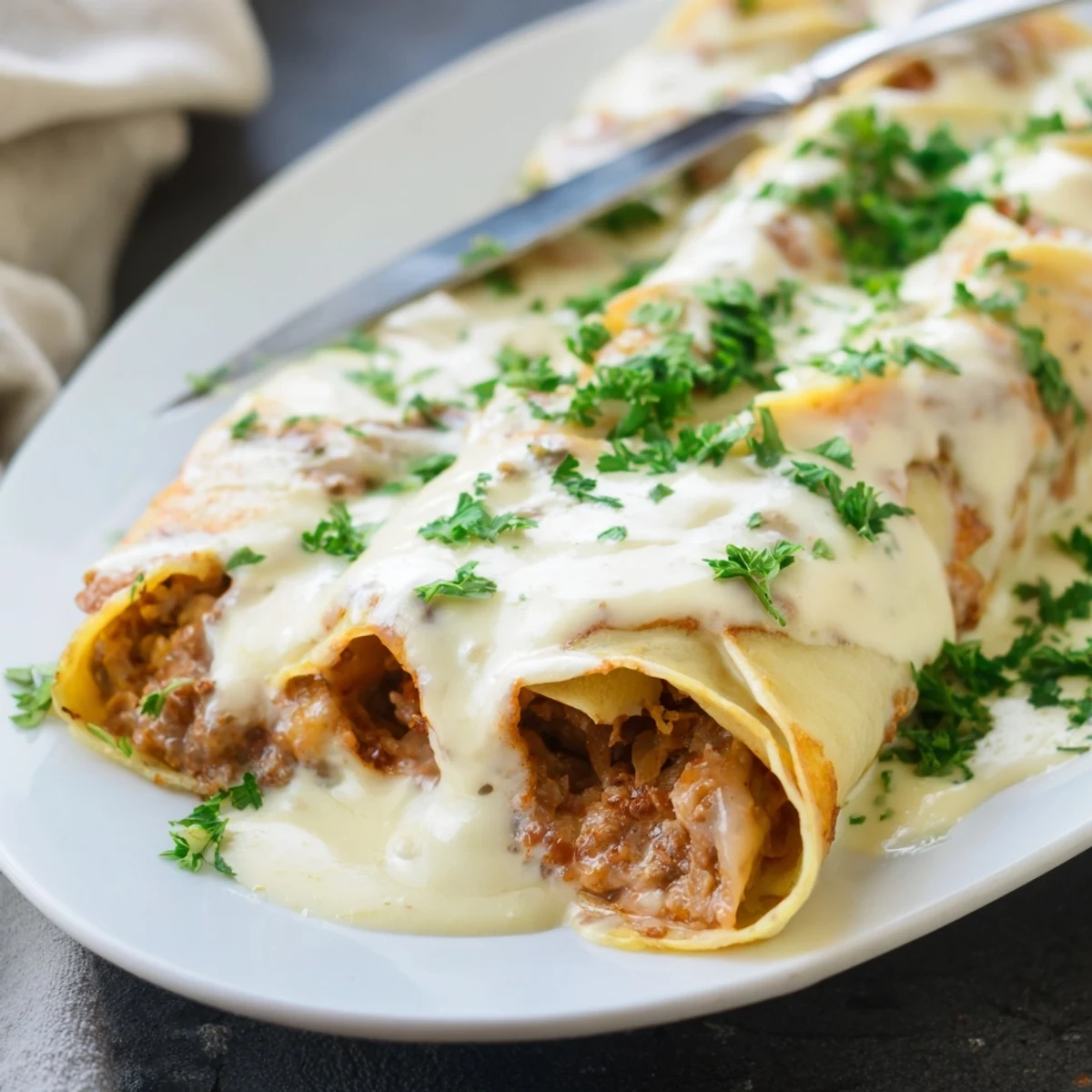 Golden Hortobágyi palacsinta filled with savory paprika meat ragout topped with creamy sour cream sauce