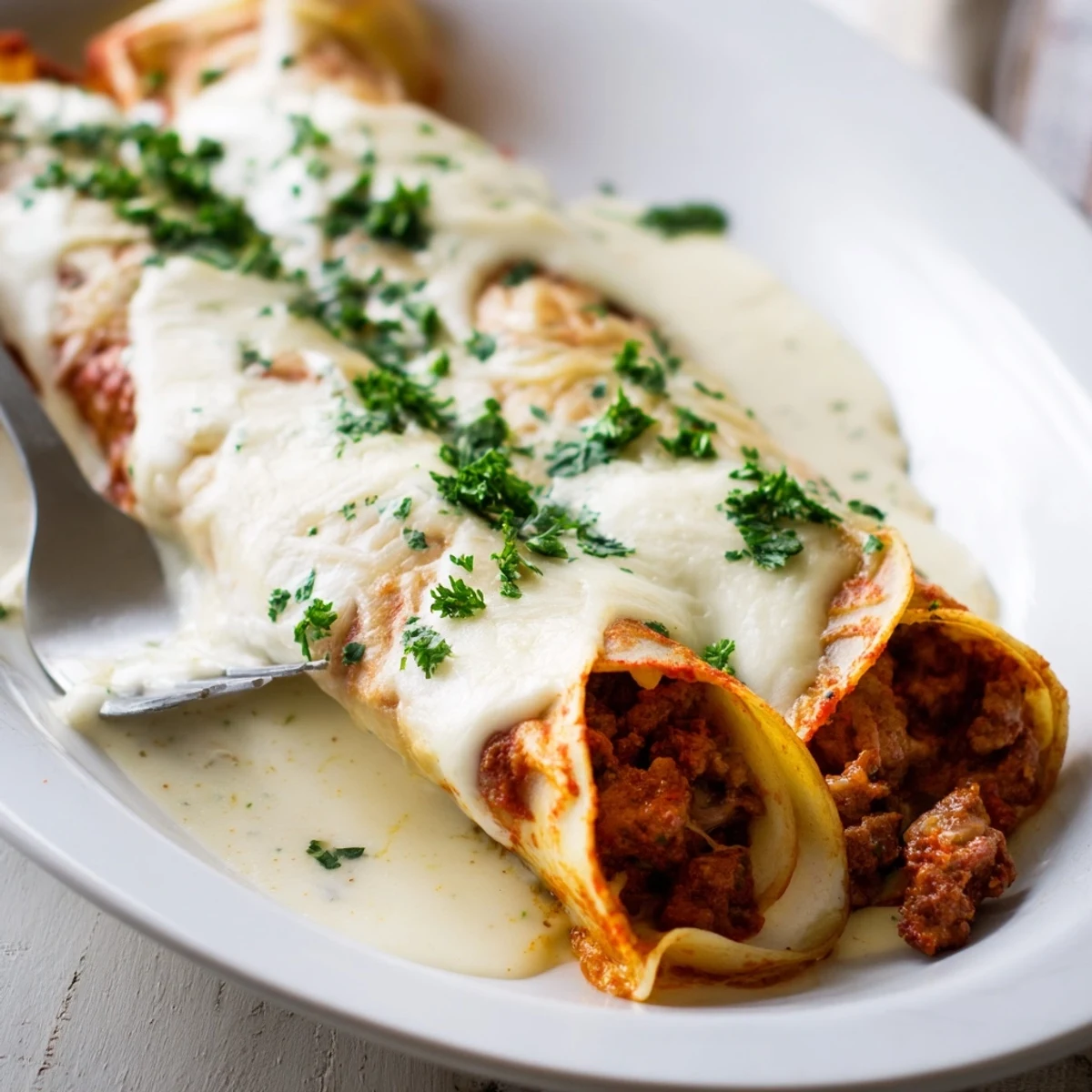 Rolled Hungarian crepes baked under bubbly white sauce featuring spiced ground meat filling and fresh parsley garnish