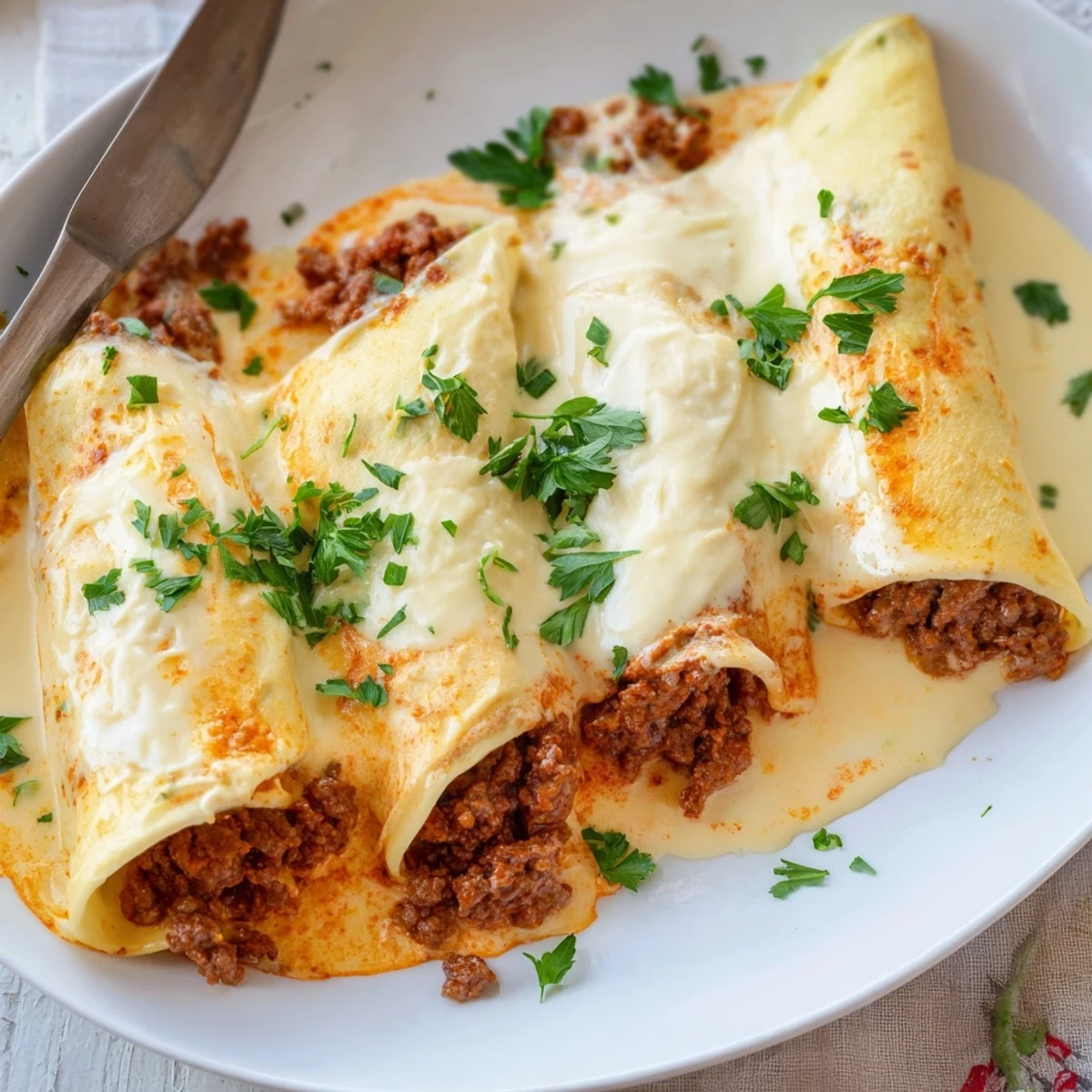 Traditional Hortobágyi palacsinta casserole with tender crepes wrapped around seasoned veal and pork in rich paprika broth sauce