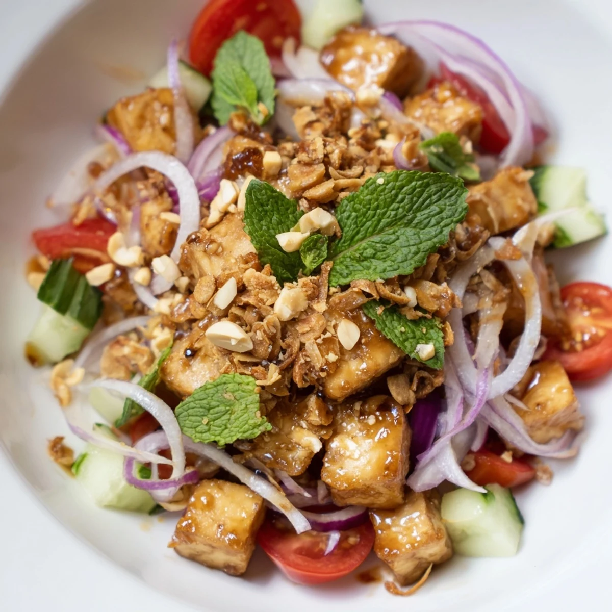Silken tofu mixed with crisp vegetables, mint, cilantro, and crispy shallots for a refreshing vegan meal
