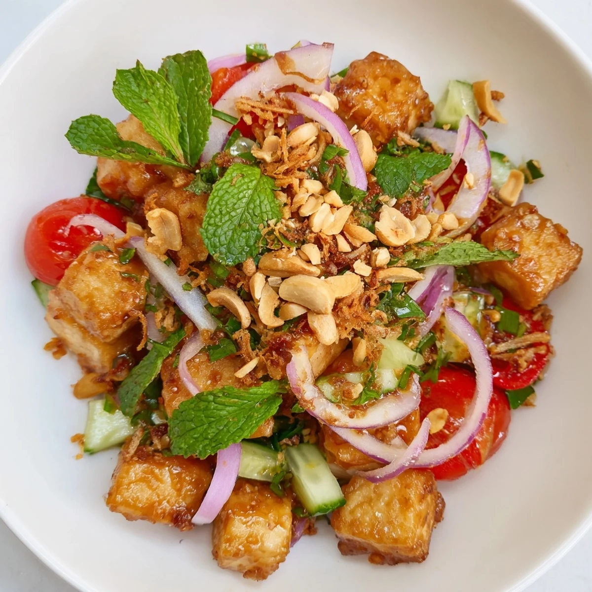 Garnished tofu thoke featuring roasted chickpea flour dressing, sesame seeds, and vibrant red onion slices
