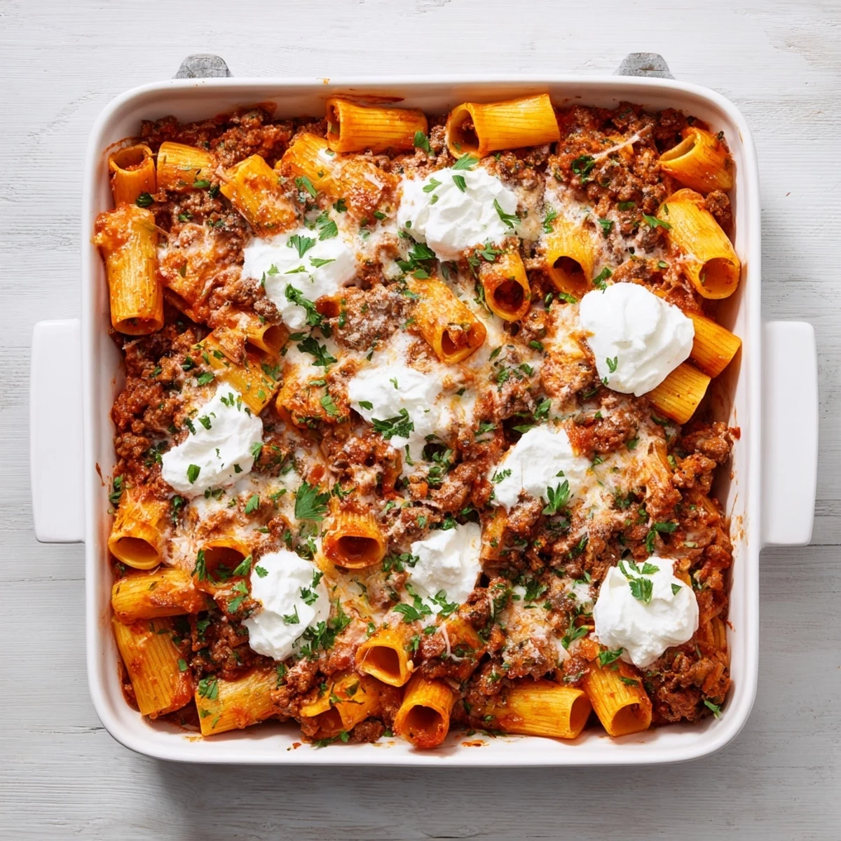 Golden baked easy rigatoni with ground beef bubbling with melted mozzarella and parmesan cheese