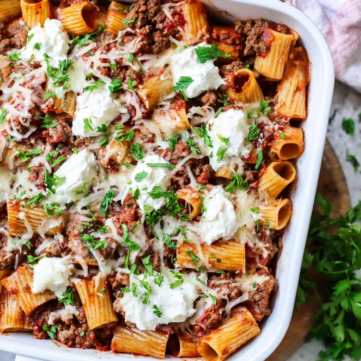 Comforting easy baked rigatoni with ground beef served piping hot with fresh basil garnish