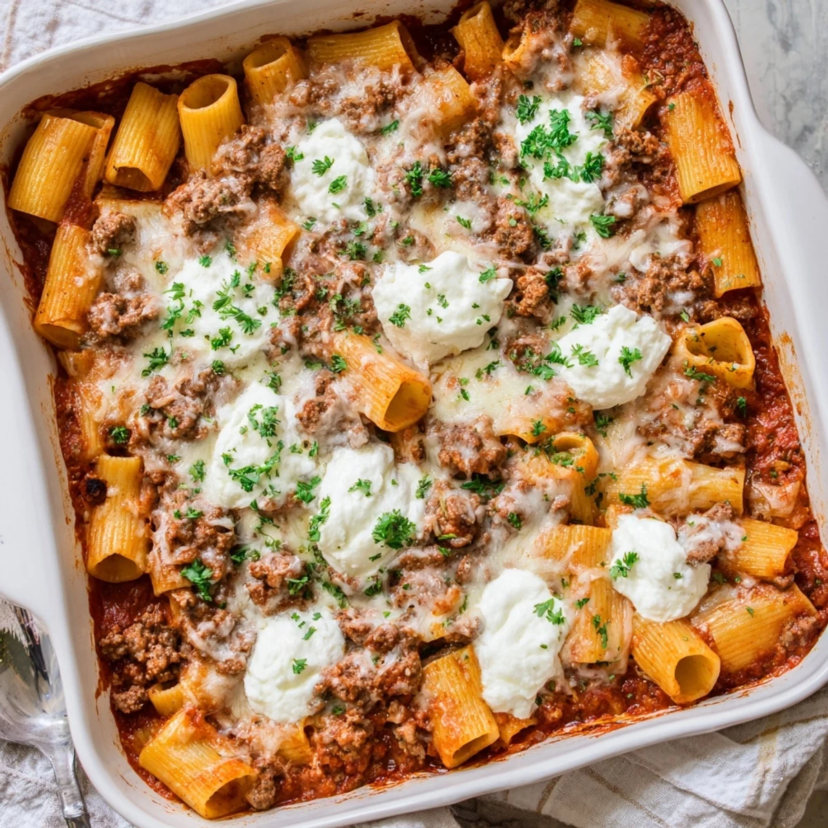 Family-friendly easy baked rigatoni with ground beef layered in rich marinara and cheesy topping