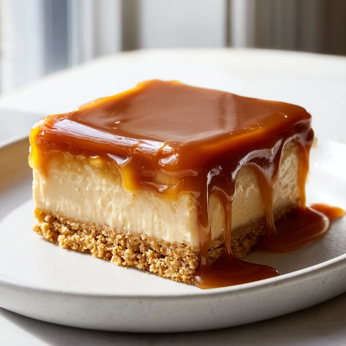 Square slice of creamy caramel cheesecake bars featuring smooth cheesecake layer topped with glossy amber caramel sauce