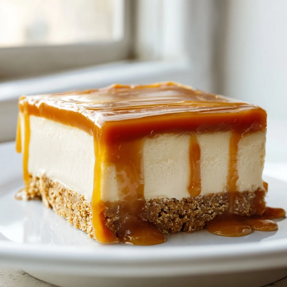 Golden caramel sauce drips down the sides of these rich creamy caramel cheesecake bars with graham cracker crust