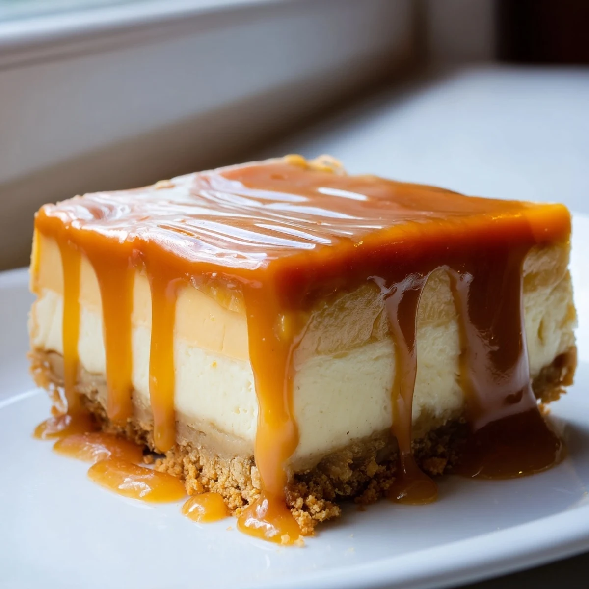 Indulgent dessert of creamy caramel cheesecake bars with buttery crust and decadent salted caramel topping on white plate
