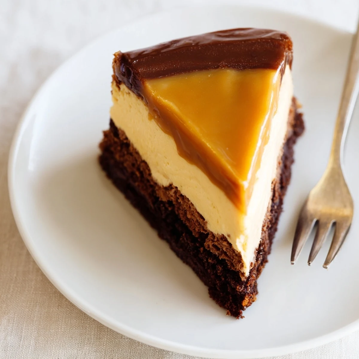 Rich caramel brownie cheesecake bars with glossy caramel drizzle on a white serving plate