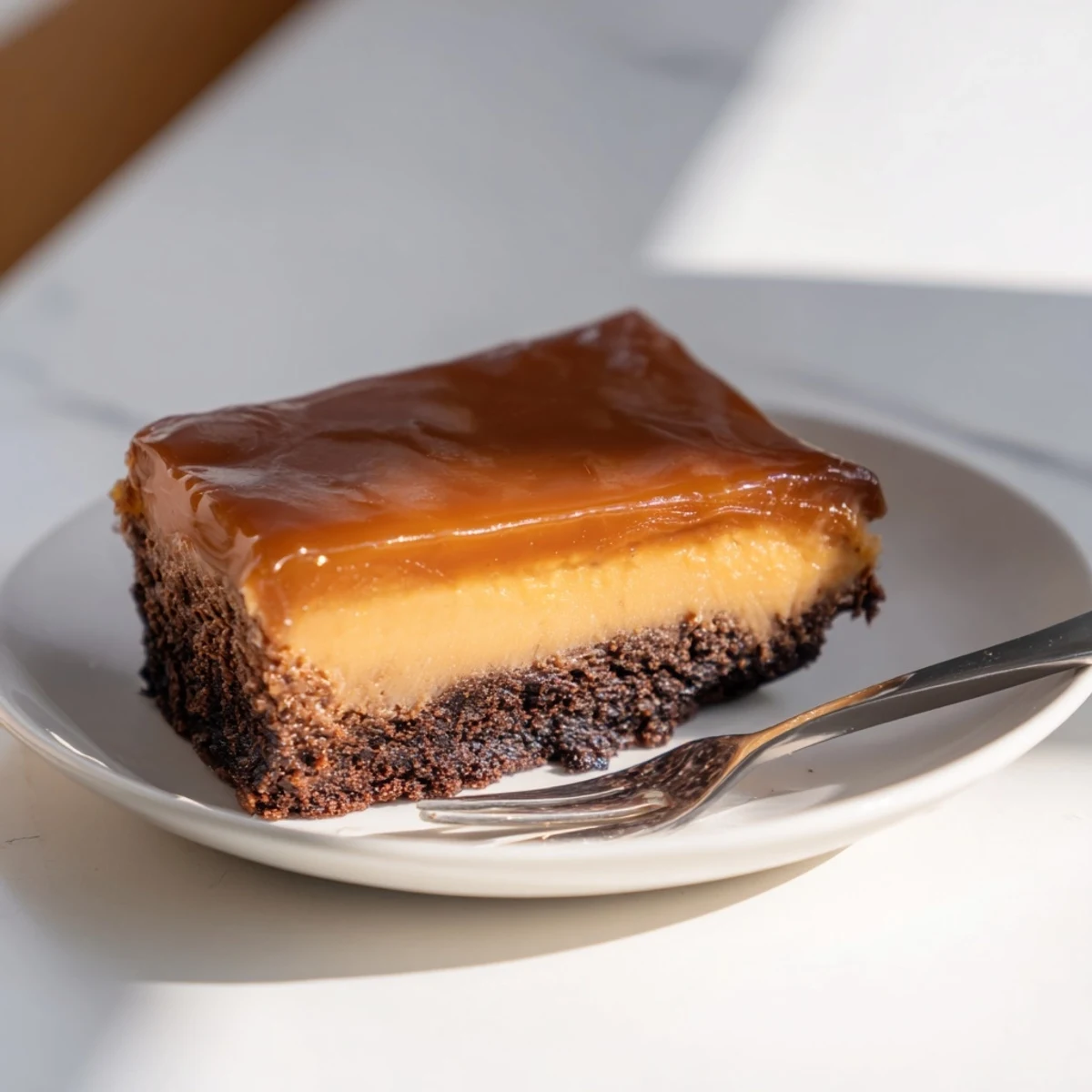 Decadent caramel brownie cheesecake bliss showing fudgy layers topped with golden caramel sauce