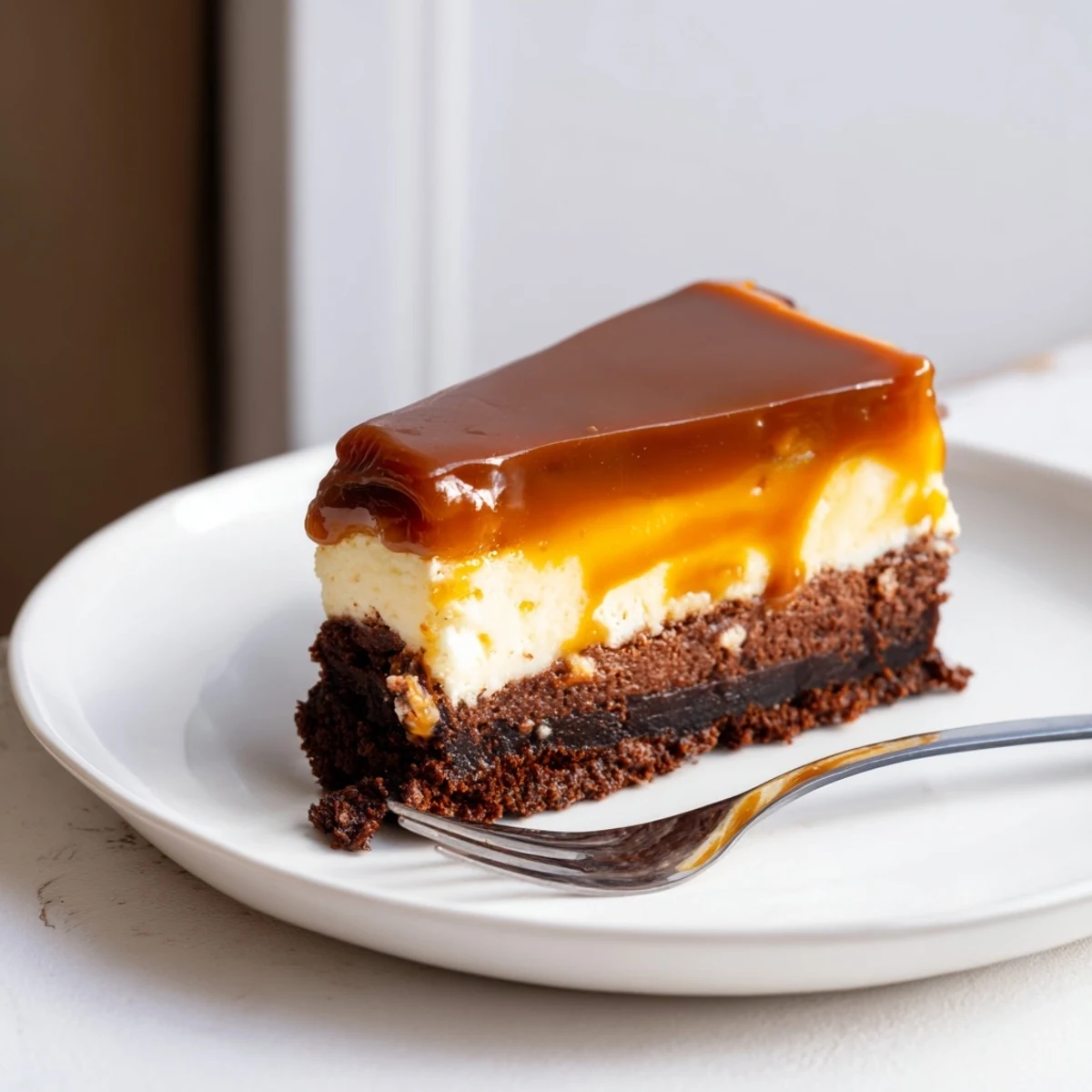 Slice of caramel brownie cheesecake featuring creamy cheesecake and buttery caramel topping