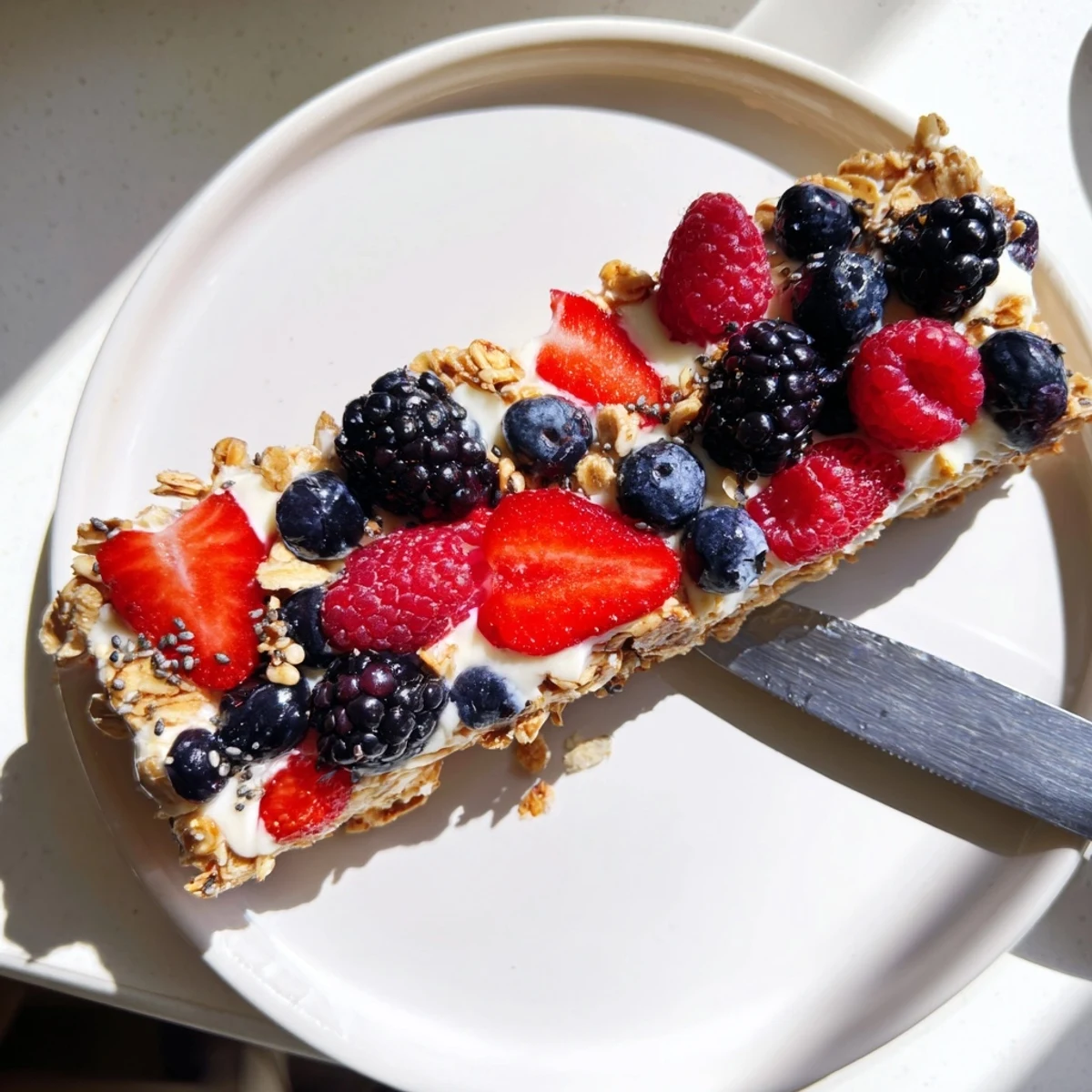 Sliced no bake frozen yogurt berry granola bars showcasing crunchy oat base, smooth vanilla yogurt layer, and colorful fruit topping