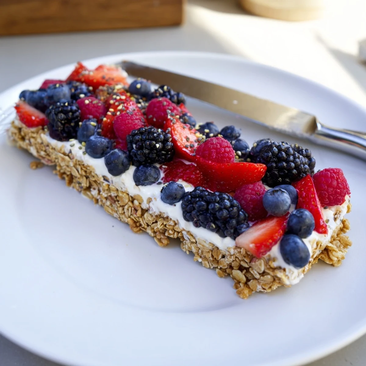 Golden granola crust topped with creamy Greek yogurt and vibrant mixed fresh berries in these frozen yogurt berry granola bars