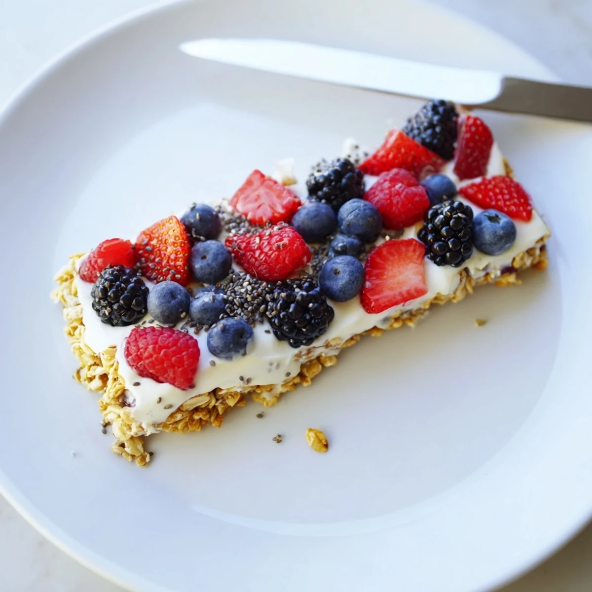 Frozen yogurt berry granola bars arranged on a white plate with greek yogurt, mixed berries, and honey drizzle visible in layers