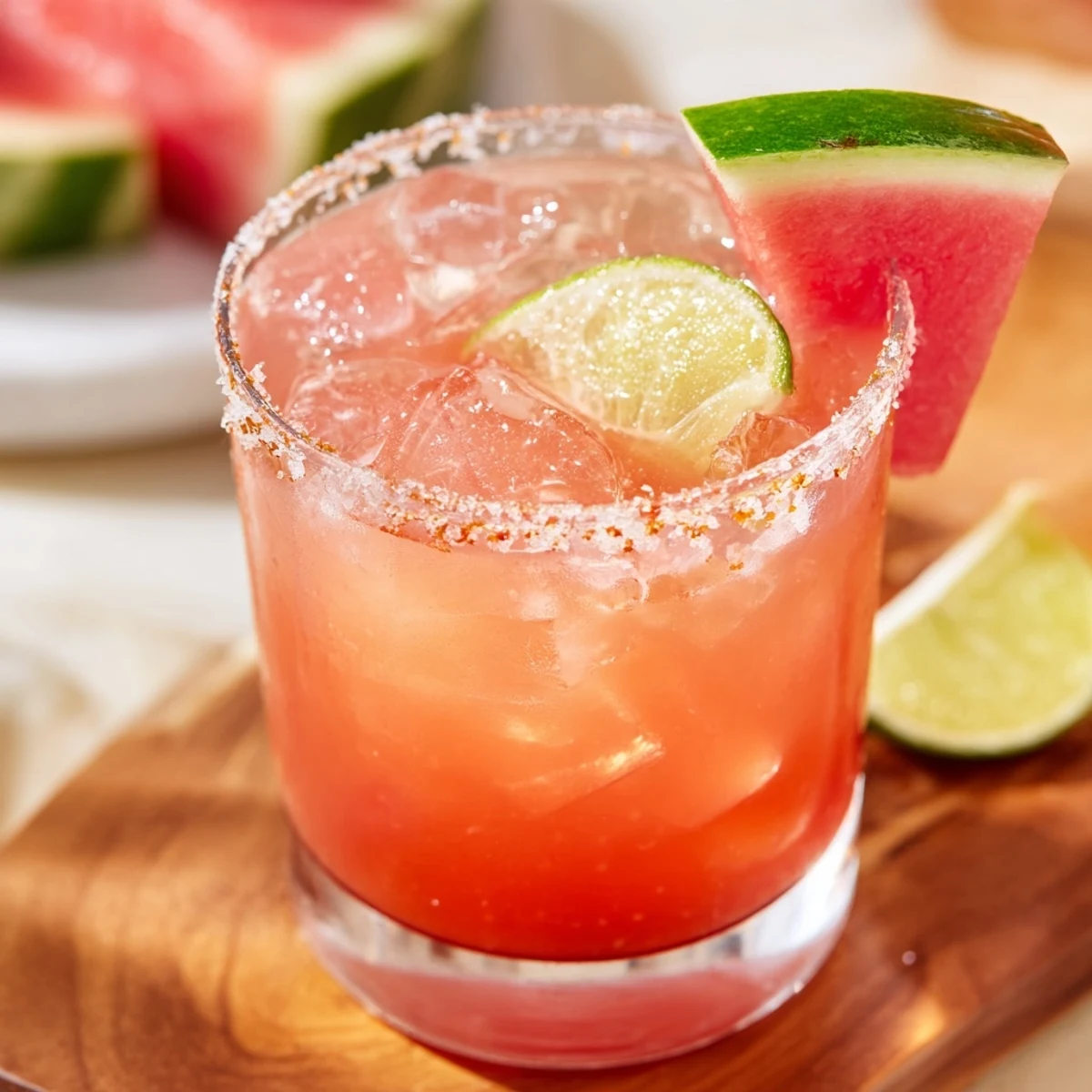 Refreshing watermelon margarita mocktail poured over ice with vibrant pink hue and citrus garnish on wooden table