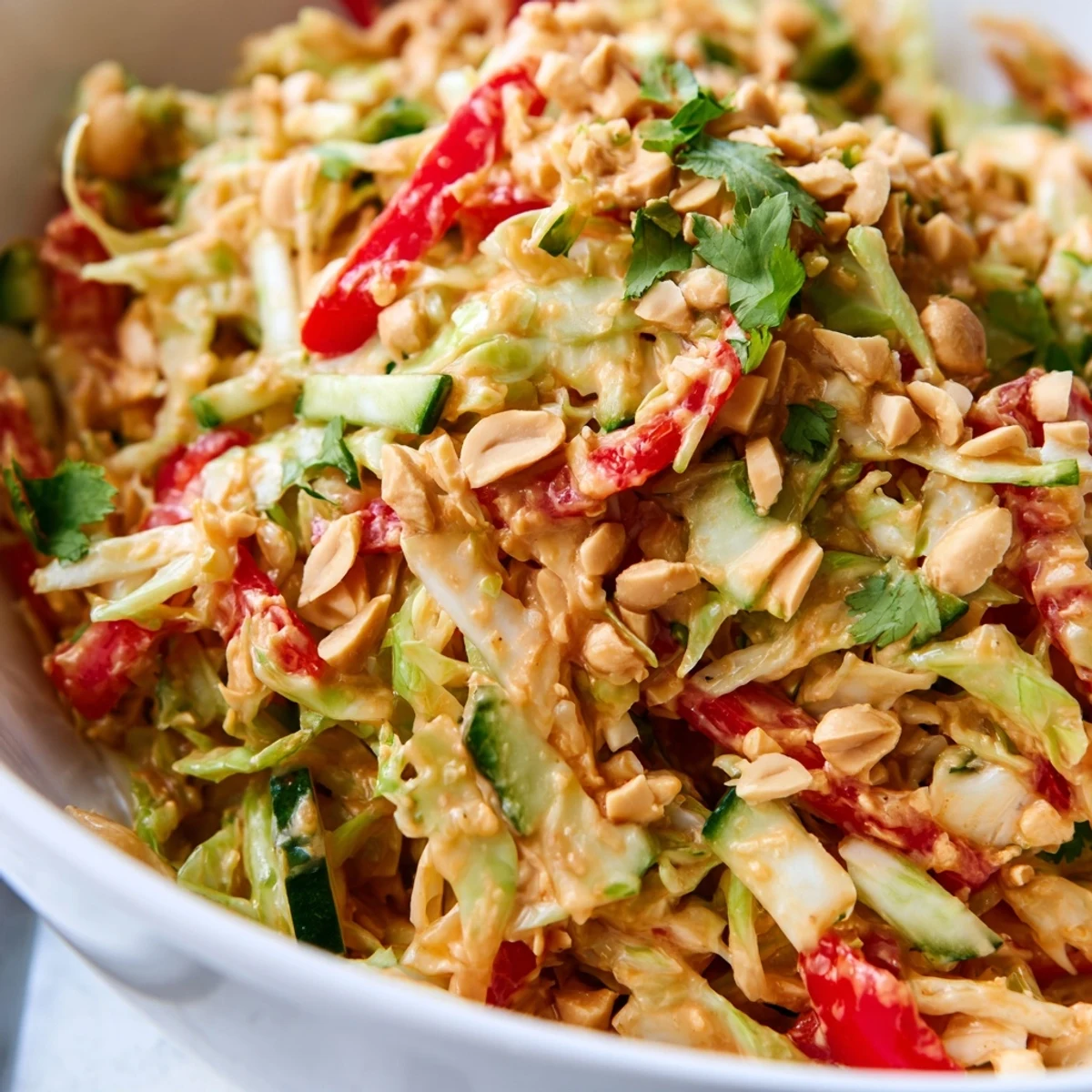Vibrant bowl of shredded vegetables coated in rich peanut sauce, garnished with cilantro and peanuts